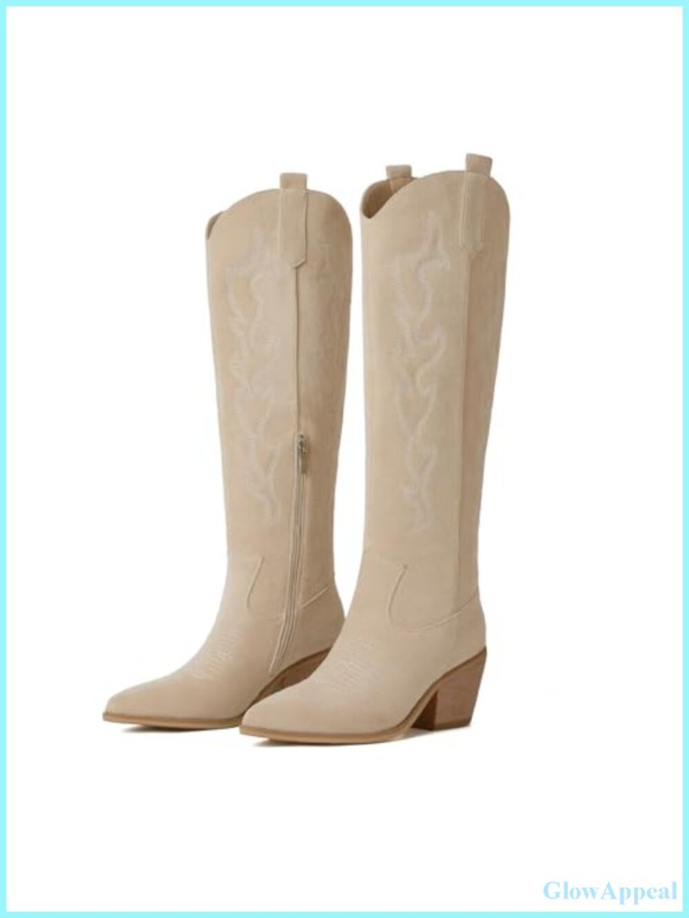 Women's Knee High Western Cowboy Boots Embroidered Chunky Heel Faux Suede
